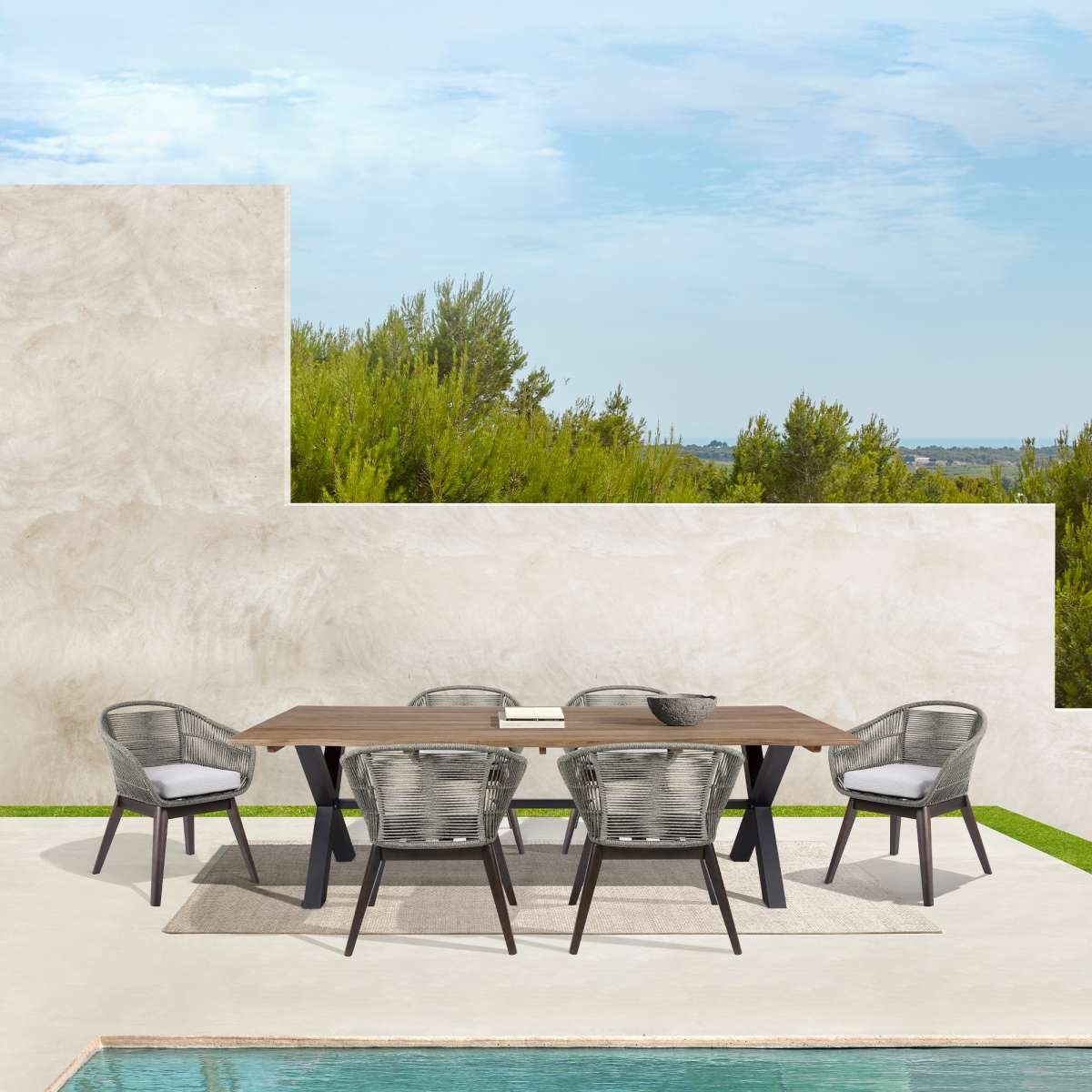  Glendora Tutti Frutti Outdoor Patio 7 Piece Live Edge Dining Set in Eucalyptus Wood Gray Rope and Cushions By Armen Living 