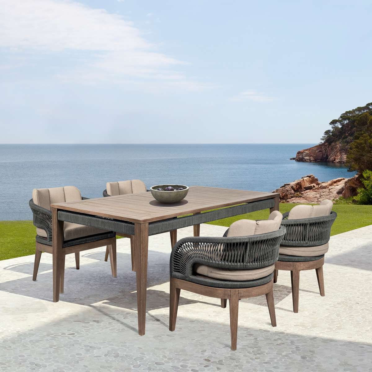  Orbit Outdoor Patio 5 Piece Dining Set in Weathered Eucalyptus Wood with Gray Rope and Taupe Olefin Cushions By Armen Living 