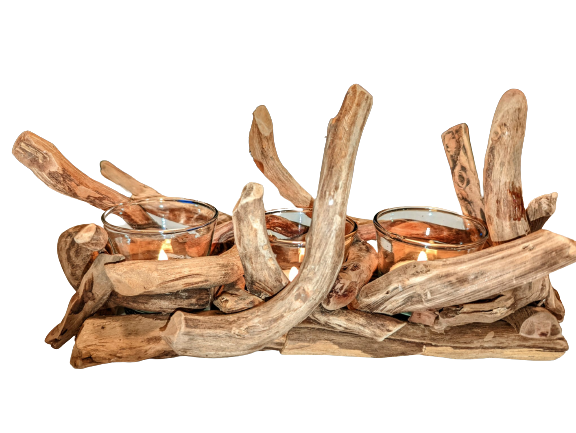  Driftwood Tealight 3 Candle Tray Centerpiece with 3 Glass Containers by Artisan Living 