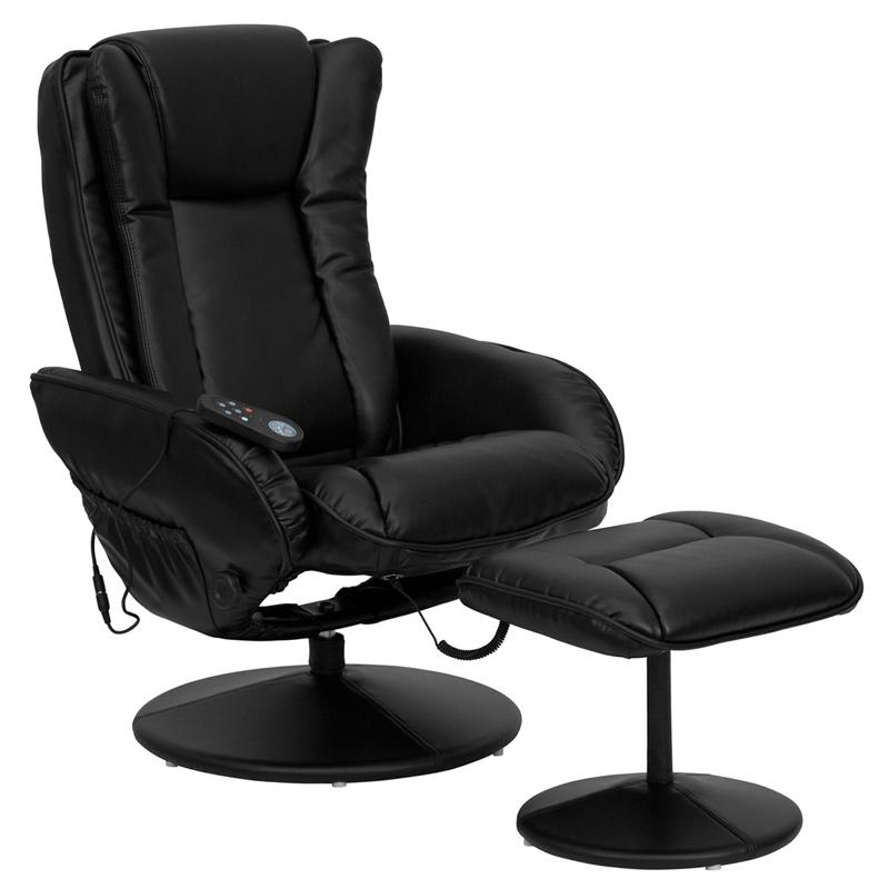  Massaging Multi-Position Plush Recliner With Side Pocket And Ottoman In Black Leathersoft By Flash Furniture 