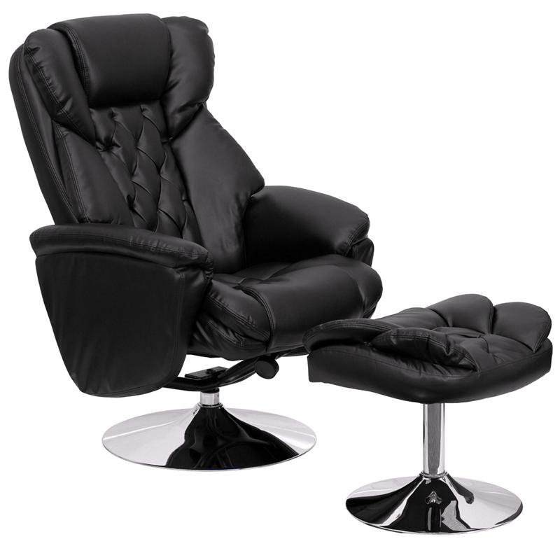  Transitional Multi-Position Recliner And Ottoman With Chrome Base In Black Leathersoft By Flash Furniture 