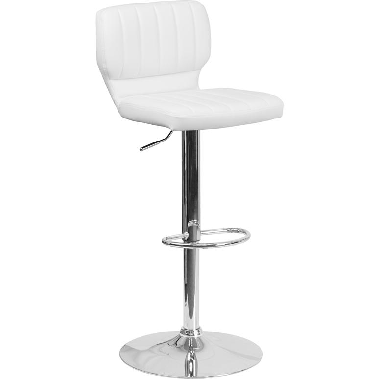  Contemporary White Vinyl Adjustable Height Barstool With Vertical Stitch Back And Chrome Base By Flash Furniture 