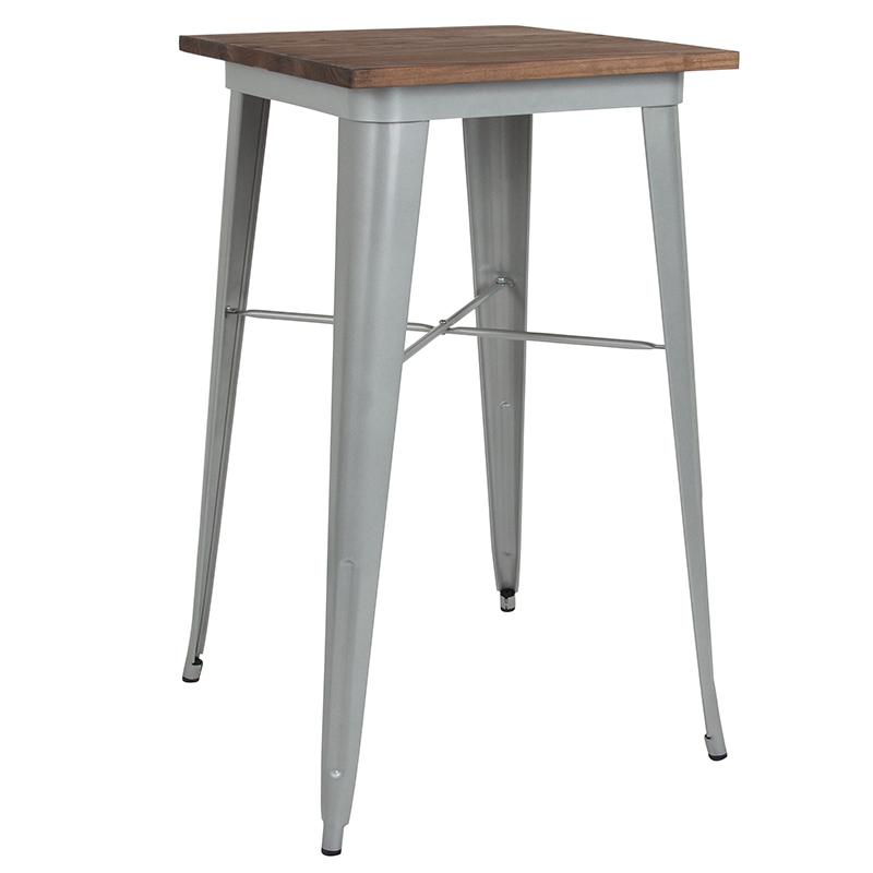  23.5" Square Silver Metal Indoor Bar Height Table With Walnut Rustic Wood Top By Flash Furniture 