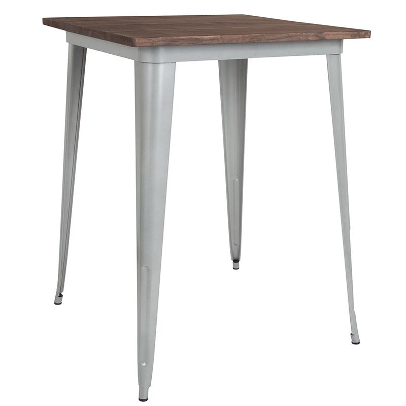  31.5" Square Silver Metal Indoor Bar Height Table With Walnut Rustic Wood Top By Flash Furniture 