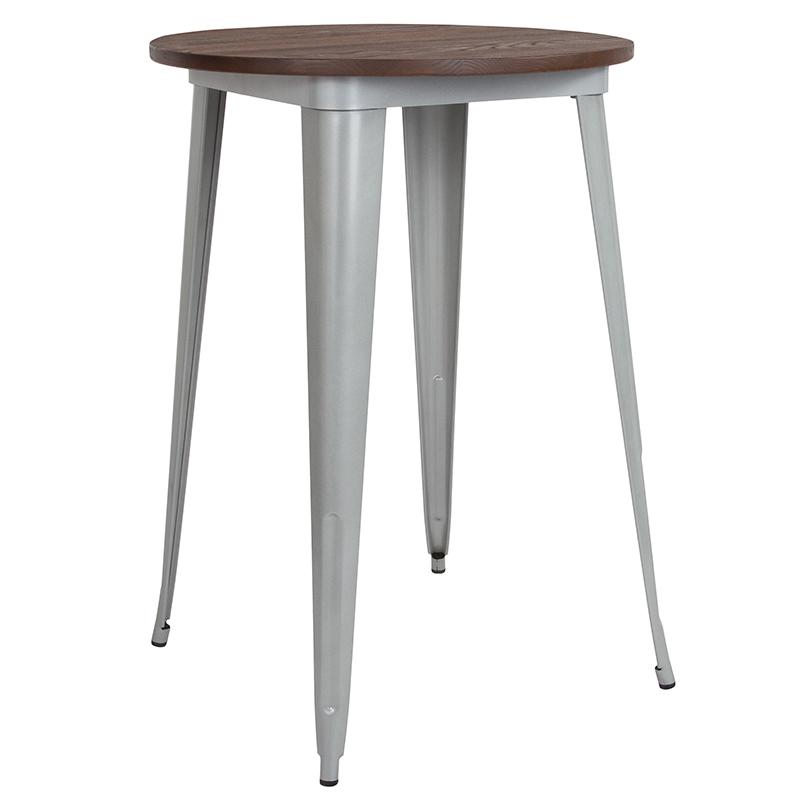  30" Round Silver Metal Indoor Bar Height Table With Walnut Rustic Wood Top By Flash Furniture 