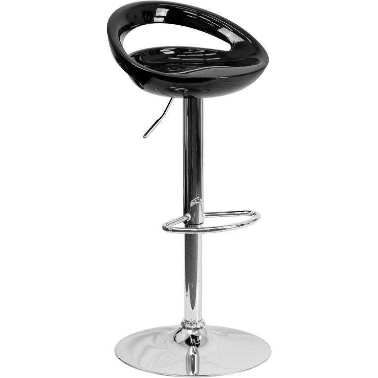  Contemporary Black Plastic Adjustable Height Barstool With Rounded Cutout Back And Chrome Base By Flash Furniture 