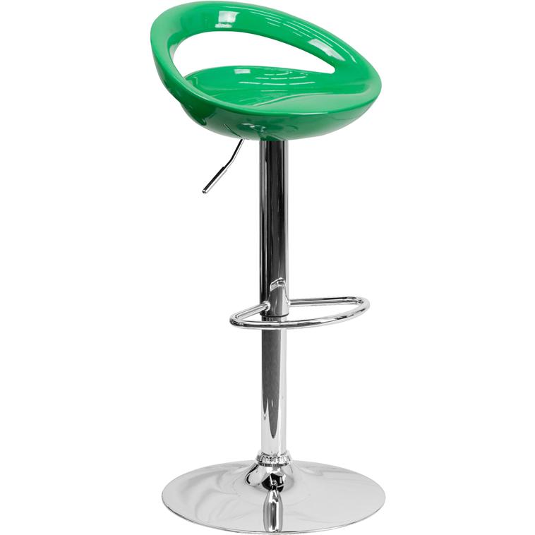  Contemporary Green Plastic Adjustable Height Barstool With Rounded Cutout Back And Chrome Base By Flash Furniture 