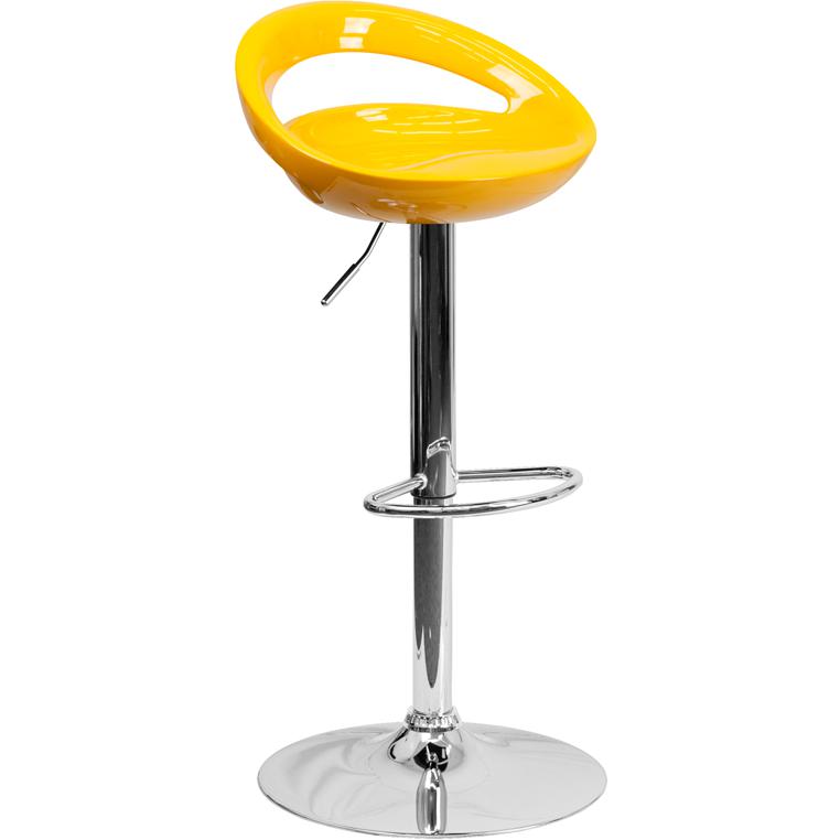  Contemporary Yellow Plastic Adjustable Height Barstool With Rounded Cutout Back And Chrome Base By Flash Furniture 