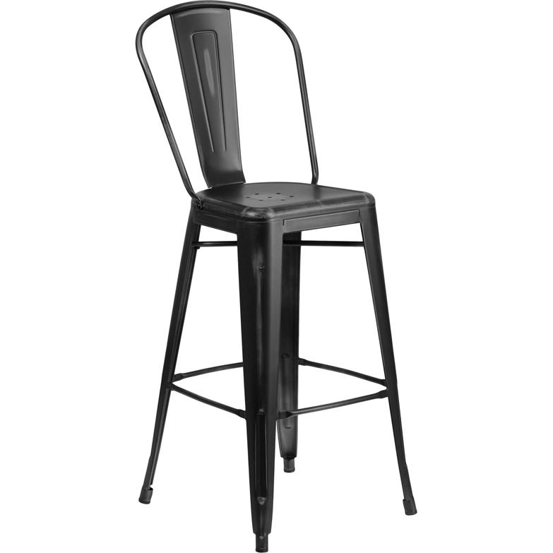  Commercial Grade 30" High Distressed Black Metal Indoor-Outdoor Barstool With Back By Flash Furniture 