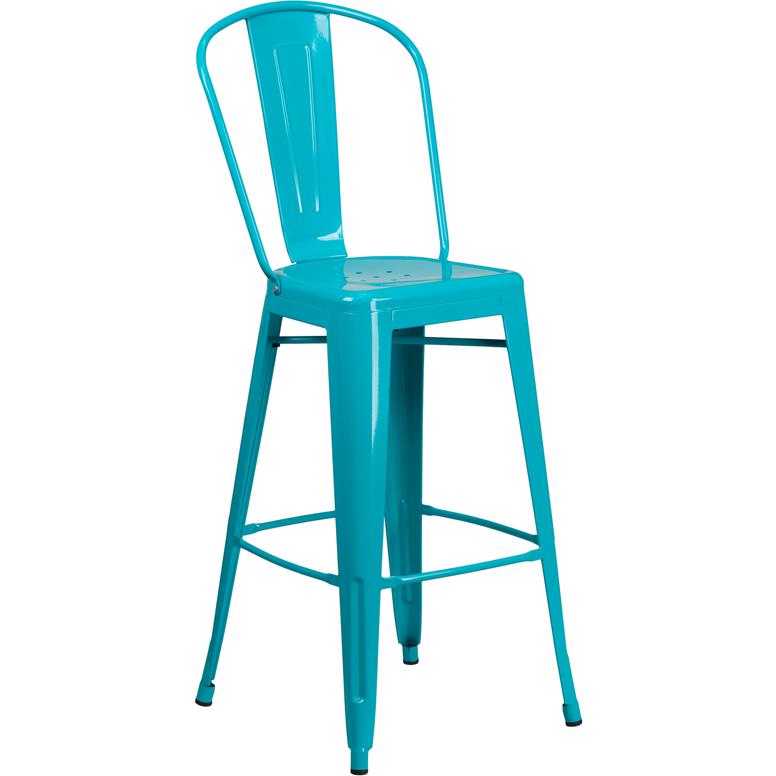  Commercial Grade 30" High Crystal Teal-Blue Metal Indoor-Outdoor Barstool With Back By Flash Furniture 