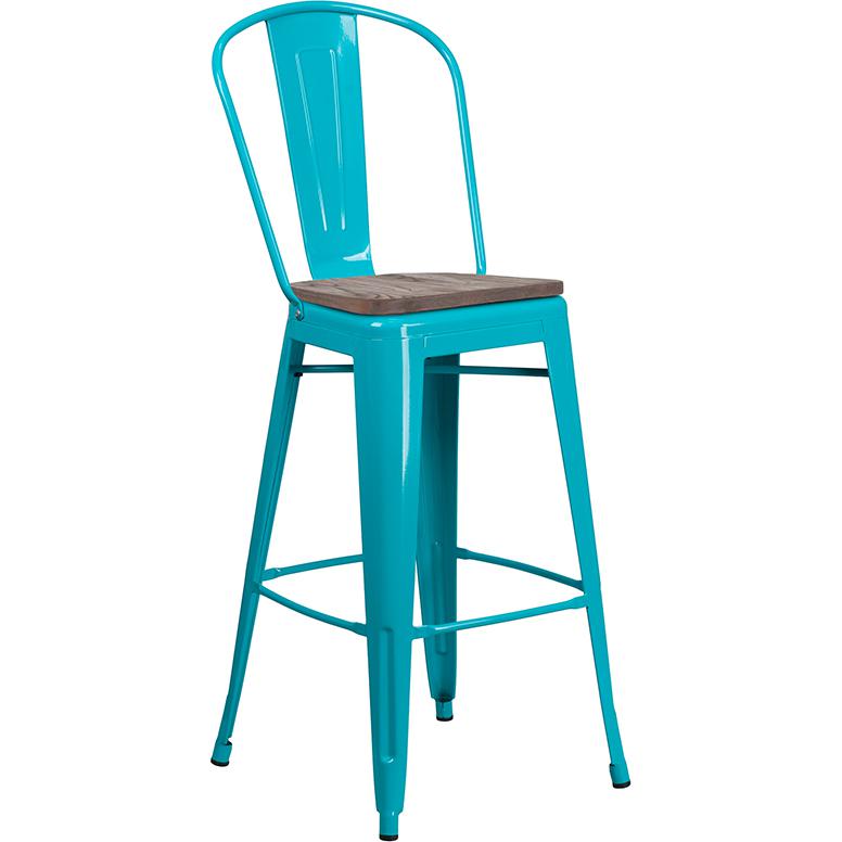  30" High Crystal Teal-Blue Metal Barstool With Back And Wood Seat By Flash Furniture 