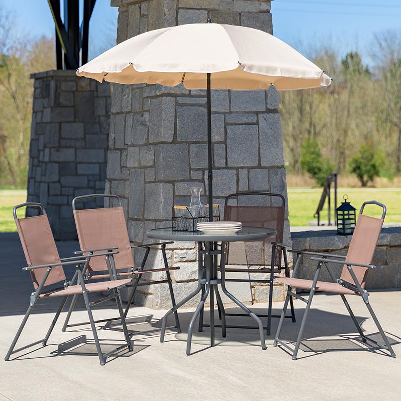  Nantucket 6 Piece Brown Patio Garden Set With Table, Tan Umbrella And 4 Folding Chairs By Flash Furniture 