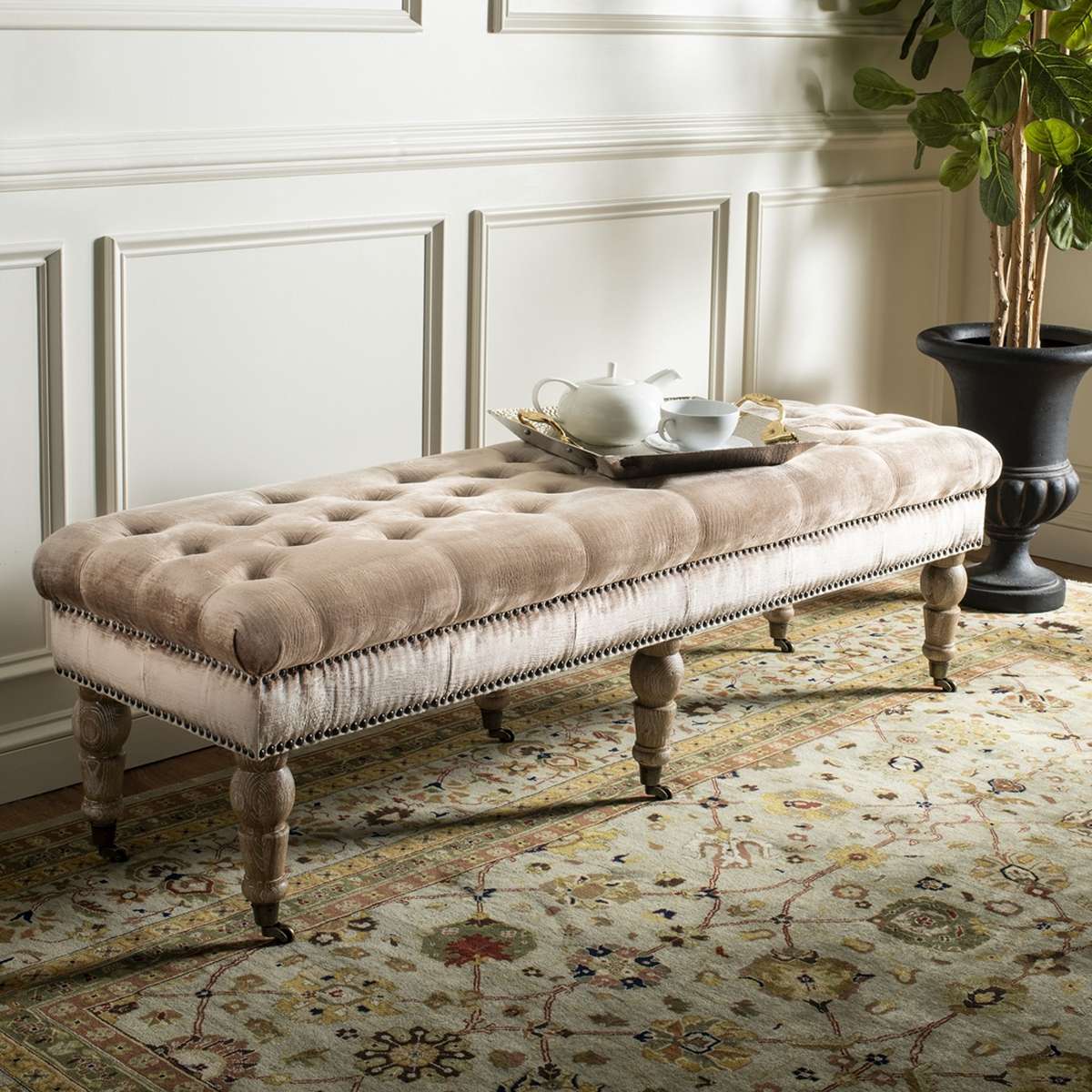  Safavieh Barney Tufted Bench - Brass Nail Heads - Champagne 