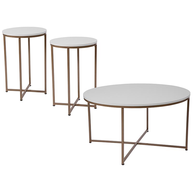  Hampstead Collection 3 Piece Coffee And End Table Set In White With Matte Gold Frames By Flash Furniture 