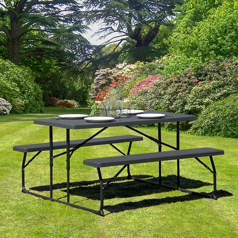  Insta-Fold Charcoal Wood Grain Folding Picnic Table And Benches By Flash Furniture 