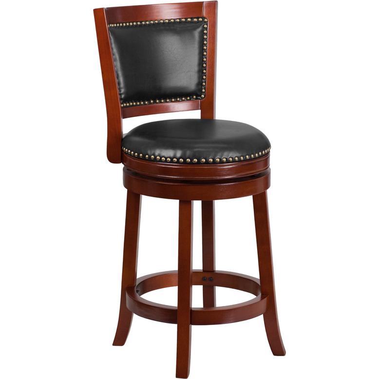  26'' High Dark Cherry Wood Counter Height Stool With Open Panel Back And Walnut Leathersoft Swivel Seat By Flash Furniture 