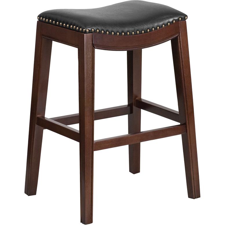  30'' High Backless Cappuccino Wood Barstool With Black Leathersoft Saddle Seat By Flash Furniture 