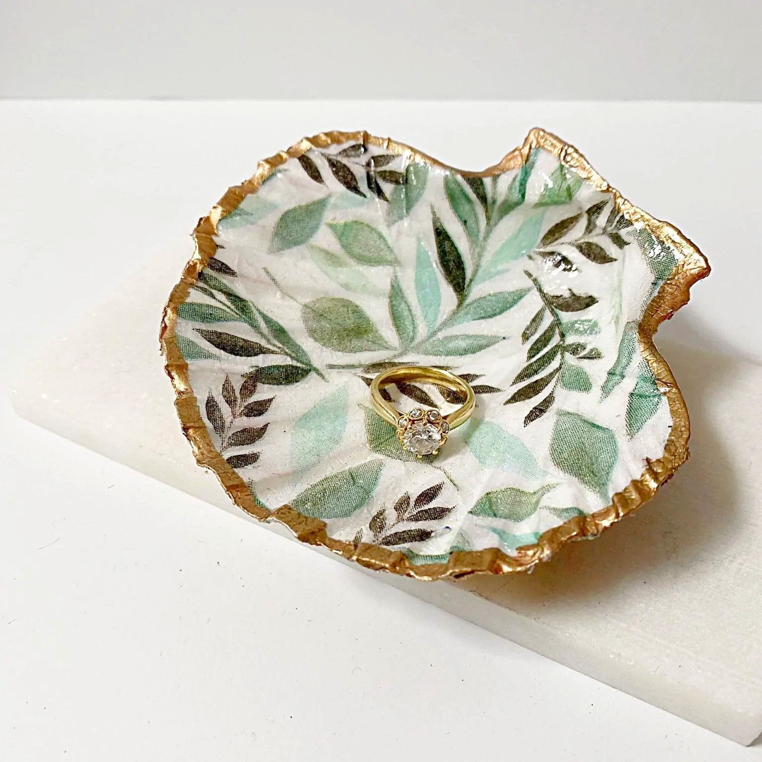 Tropical Leaves Decoupage Scallop Shell Jewelry Dish