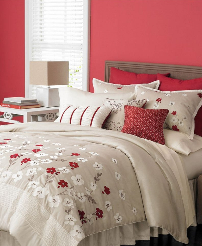 Martha Stewart Bedding Cherry Lane Blossoms Burgundy Red 9 Piece