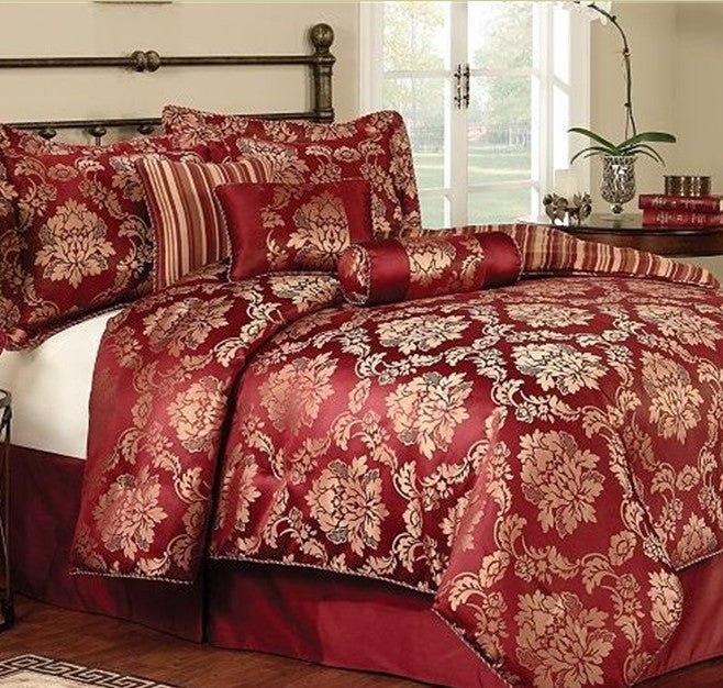 Pem America Draper Burgundy Gold Jacquard 4 Piece Queen Comforter Set Swanky 2