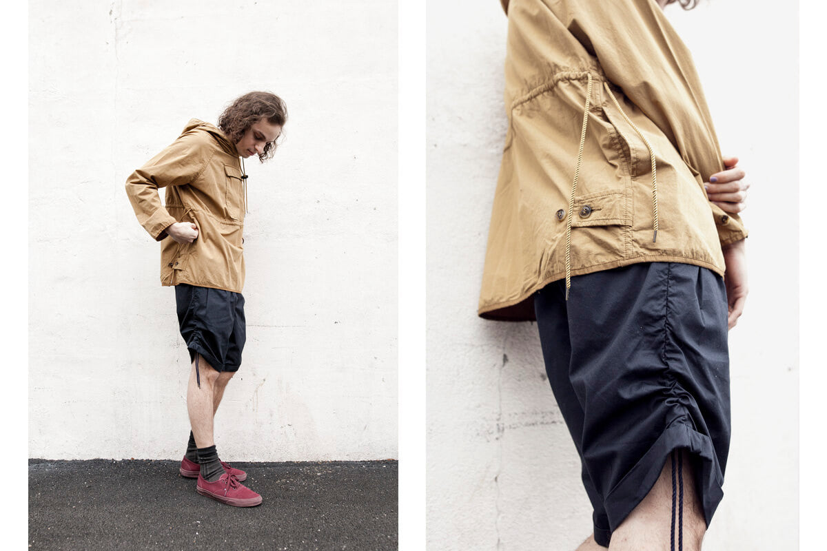 blurhms-mens-anorak-cotton-nylon-twill-tan, blurhms-mens-both-sides-string-tuck-shorts-black