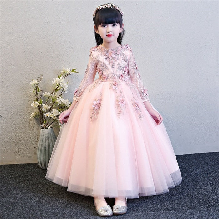 Elegant Pink Tulle Flower Girl Dress For Wedding Long Sleeve