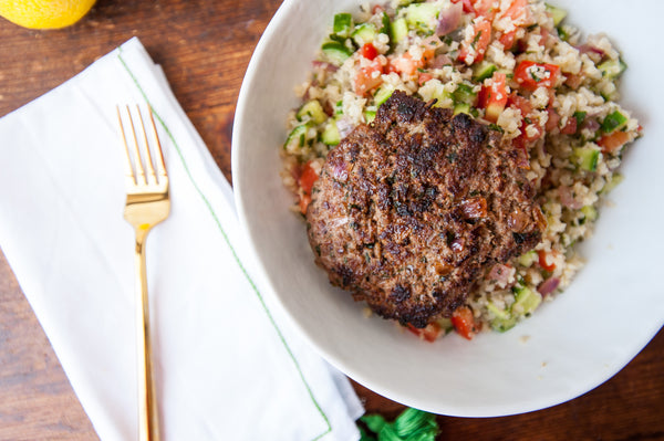 lamb burger cauliflower rice tabbouleh