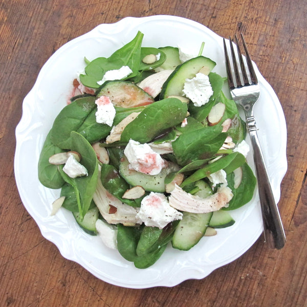 Spinach Pulled Chicken Almond Salad With Raspberry Vinaigrette