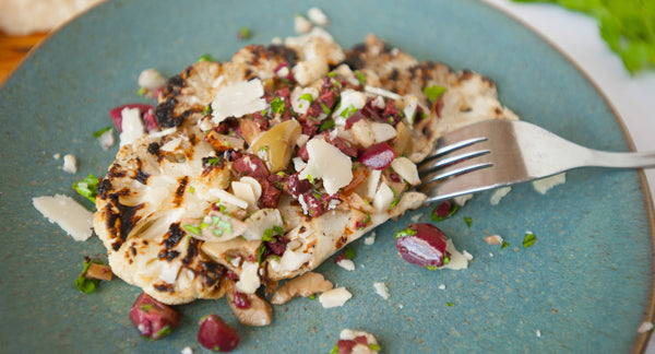 Grilled Cauliflower Steaks with Parmesan & Olive Relish