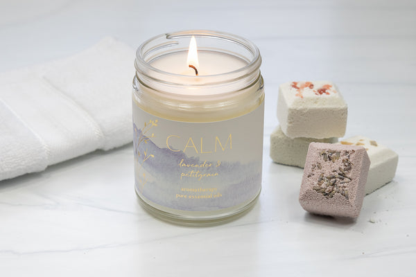 Morning Calm Gift Set of essential oil shower steamers and Calm aromatherapy candle.