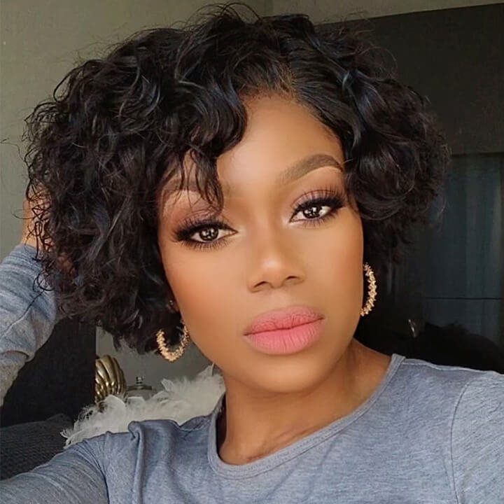 Short Curly Bob Lace Closure Wigs Pre plucked Curly Pixie Cut Human Hair Wigs 160% 220% Density