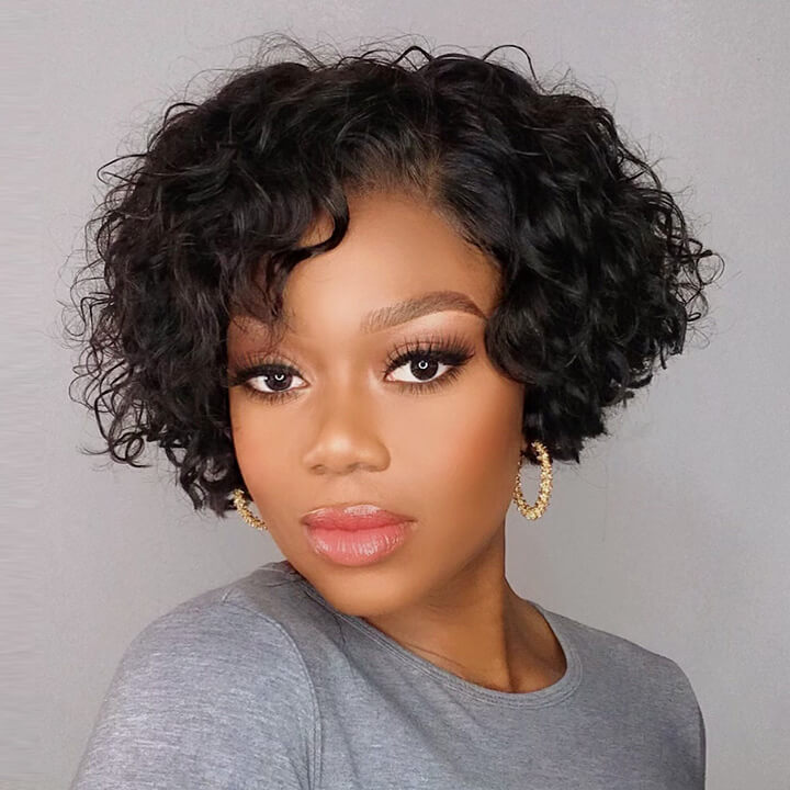 Short Curly Bob Lace Closure Wigs Pre plucked Curly Pixie Cut Human Hair Wigs 160% 220% Density