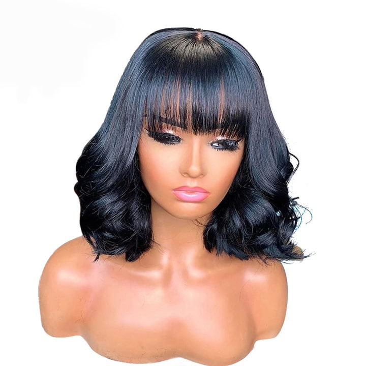 body wave lace front bob wig with bangs