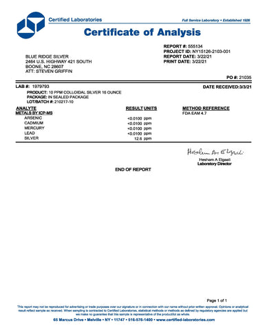 pure colloidal silver certificate of analysis