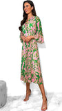 9232 Green/Pink Bell Sleeve Pleat Dress