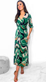 1-9014 Lilla Green Print Midi Pleat Dress
