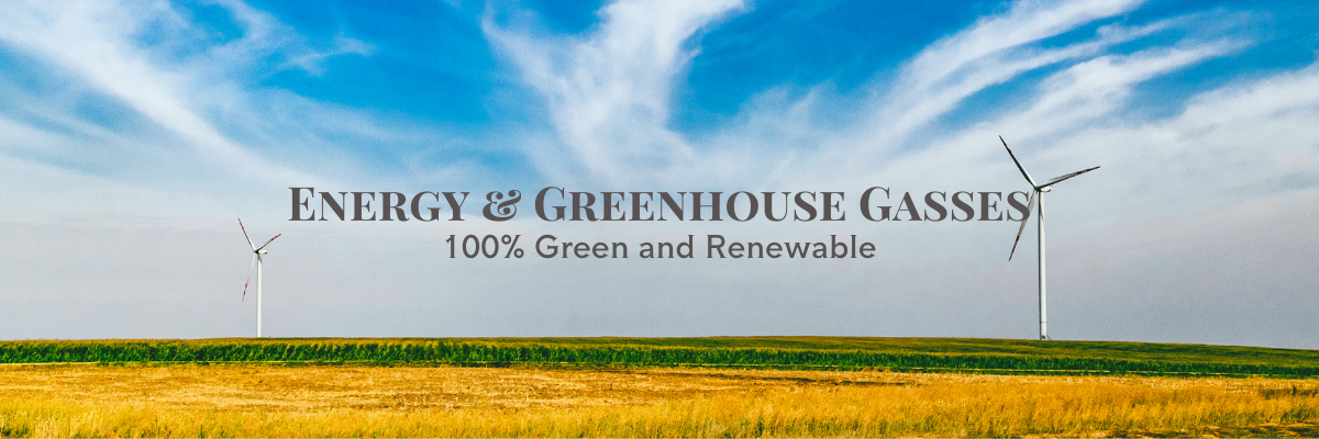 Image of wind turbines with the words "Energy and Greenhouse Gasses. 100% Green and Renewable"