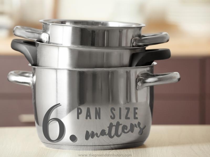 A stack of different sizes metal sauce and stock pots with handles nested one inside another sit on a kitchen counter