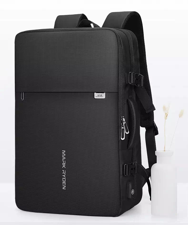 Black backpack with expandable design and charging capability