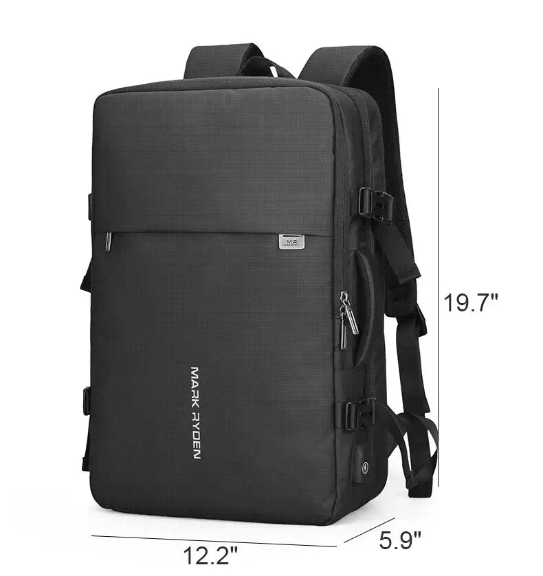 Black travel backpack with expandable feature and charging port