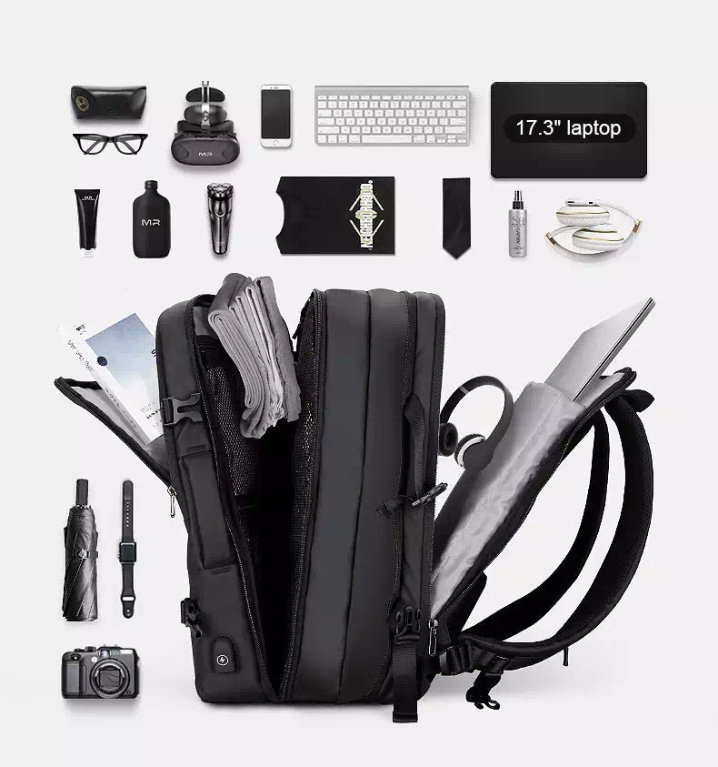 Expandable charging backpack in black color