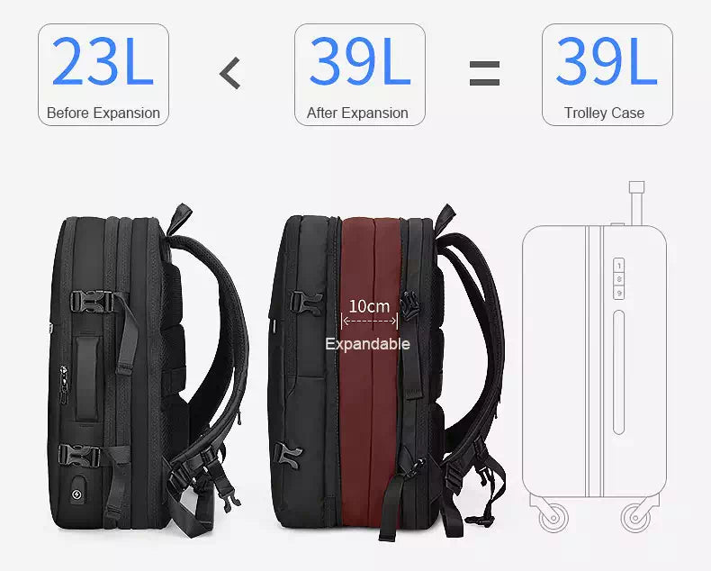 Expandable laptop backpack with USB port in black