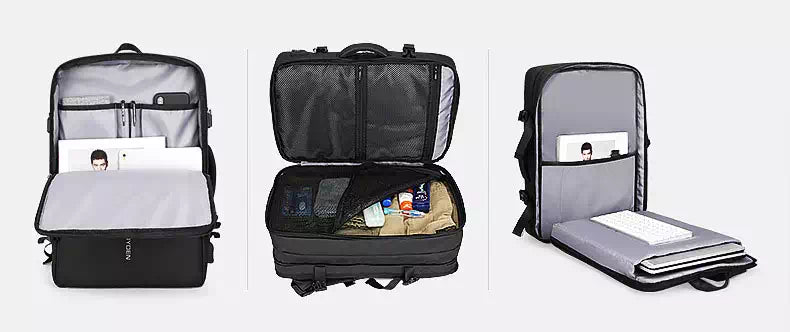 Charging port backpack with expandable compartments in black