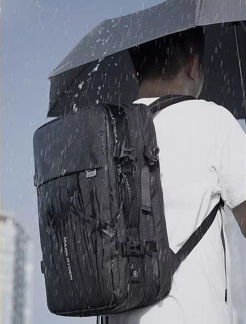 Black expandable backpack with charging port