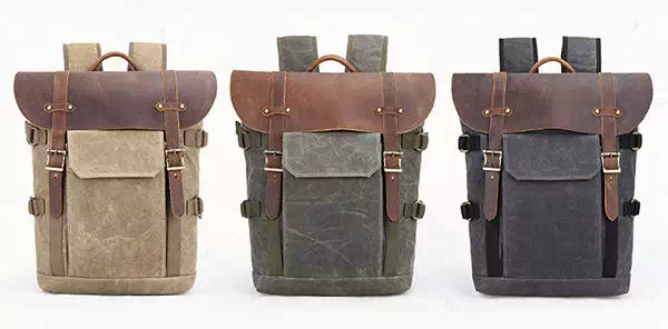 Waxed canvas DSLR camera backpack with lens compartment