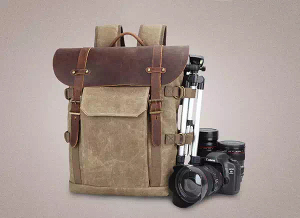 Waxed canvas DSLR camera backpack with lens compartment