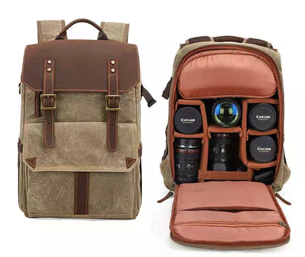 Hand-finished waxed canvas camera bag for photography