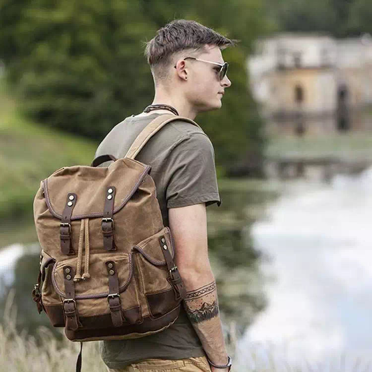 Men's Waxed Canvas Backpack Waterproof Drawstring Rucksack for Hiking ...