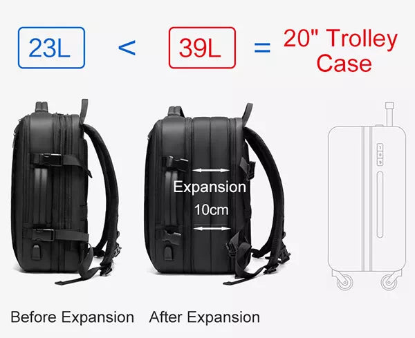 Men's travel backpack with adjustable size