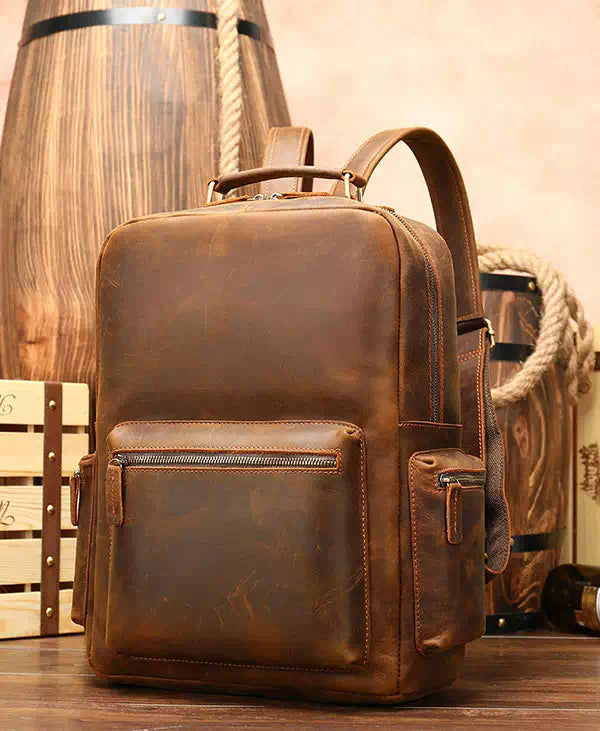 Men's Large Structured Brown Leather Backpack